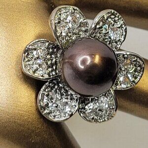 Genuine Brown Pearl and Swaroski Flower Ring Size 6